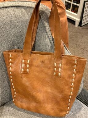 Bed Stu Stevie Cognac Leather Tote with Cream Stitch Accents